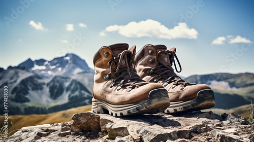 A beautiful landscape with a pair of hiking boots in the foregro