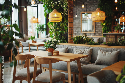 Photo of a cozy cafe in a modern minimalist style  with indoor plants  with a simple and functional interior. The cafe is decorated in light colors using natural materials and clean lines.