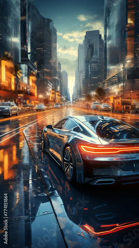 Futuristic autonomous vehicles navigating a city street.