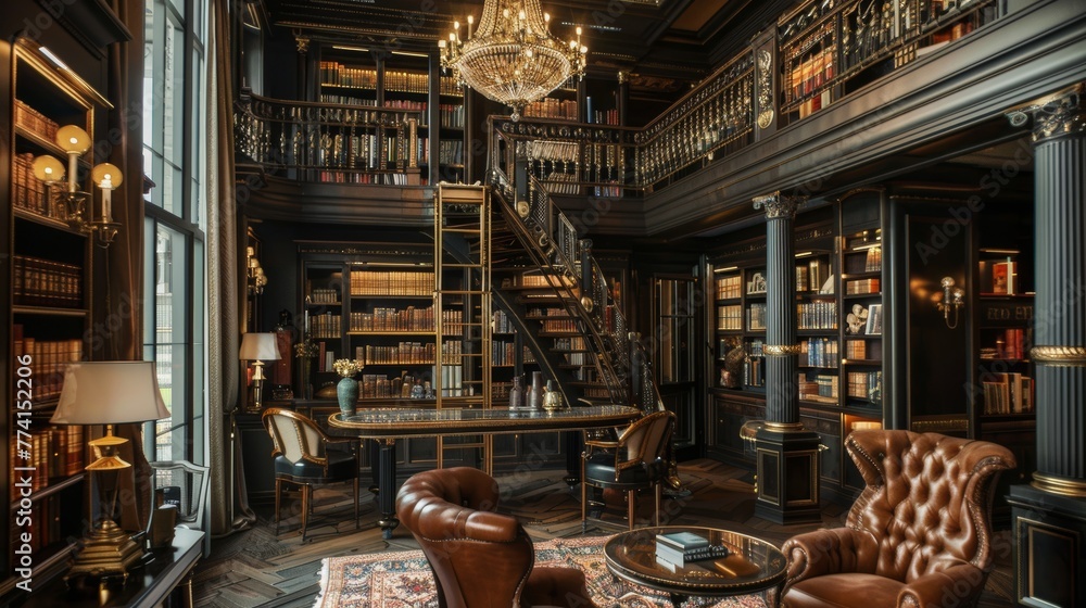 Luxurious library with close-up on ornate hanging shelves, filled with rare books. Inspired design meets timeless elegance - obrazy, fototapety, plakaty 