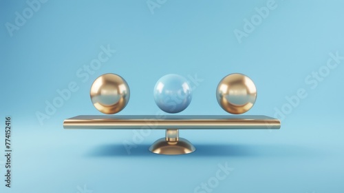 A three-dimensional rendering showing balancing blue and gold balls on weighing scales. Abstract geometric primitive shapes in blue on a blue background. Statistics chart, comparison metaphor, © Mark
