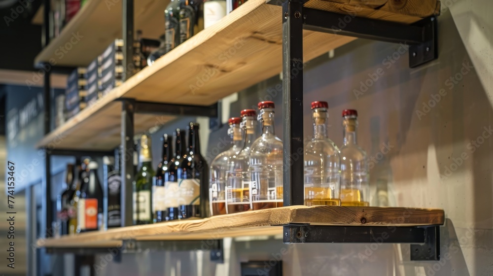 Hanging shelves in a luxurious taproom, a close-up on the craftsmanship and unique storage solutions, inspiring elegance and innovation