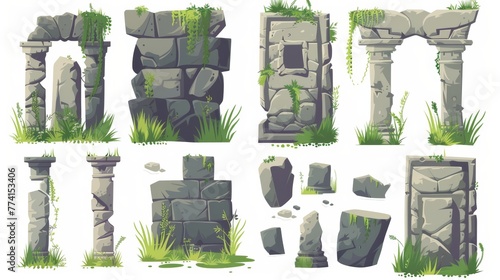 Ruins of old civilizations and monuments from tribal cultures. Cartoon modern collection of ruined medieval antique constructions, stones, and columns.