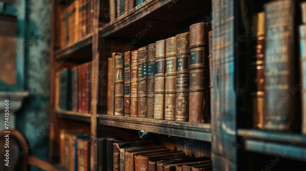 Elegant close-up of hanging shelves in a vintage library setting, revealing inspired shelf ideas that evoke a sense of history and discovery