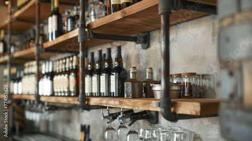 Elegant hanging shelves in a tap room, featuring a close-up on vintage shelf ideas, inspired design meeting luxurious ambiance