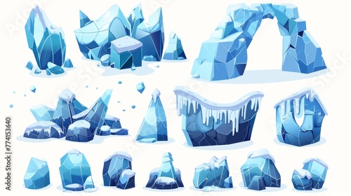 Arctic frozen crystal water block with iceberg piece and arch floating. Cartoon modern illustration set of blue ice and snow glacier mountain cube. Illustration of northern pole landscape.
