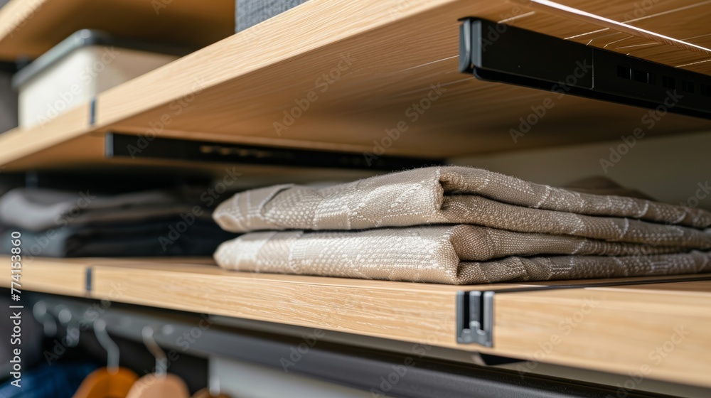 Detail shot of versatile adjustable closet shelves, highlighting inspired shelving solutions for maximizing storage in any home Detail shot of versatile adjustable closet shelves, highlighting inspired shelving solutions for maximizing storage in any home