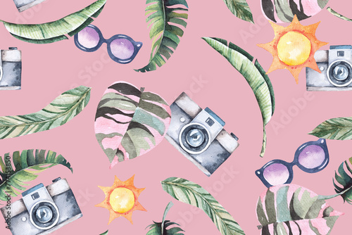 Seamless pattern of tropical plant,sun and camera painted in watercolor.For fabric and wallpaper.Natural tropical Background.Suitable for summer.Aroha Hawaii Background. © joy8046