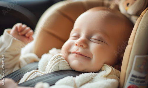 Cute happy newborn baby is sleeping in a car seat photo