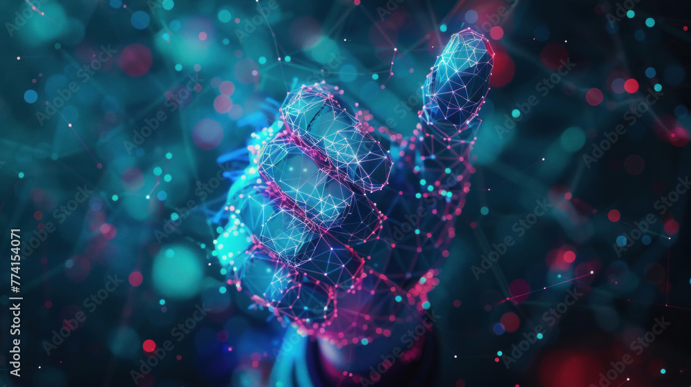 A vibrant 3D conceptual representation of a digital robotic hand reaching out amidst a network of interconnected nodes and lights A vibrant 3D conceptual representation of a digital robotic hand reaching out amidst a network of interconnected nodes and lights