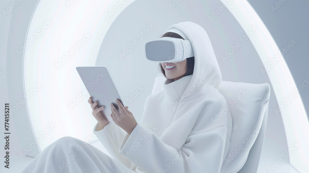 A person in futuristic clothing sitting within a white circular structure engrossed in a tablet