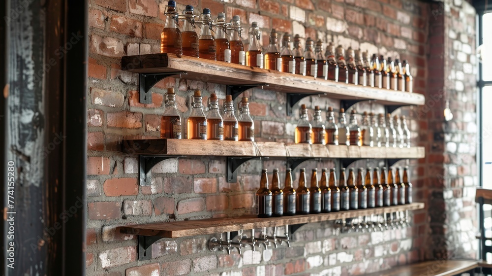 Close-up of a unique, vintage hanging shelf in a tap room, displaying rare brews and inspired decor that tells a story of tradition