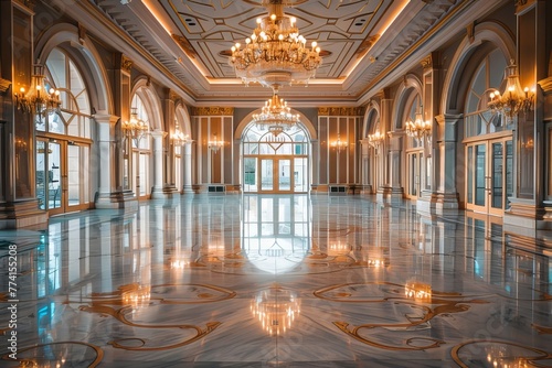 Grand Ballroom With A Stunning Chandelier  photo