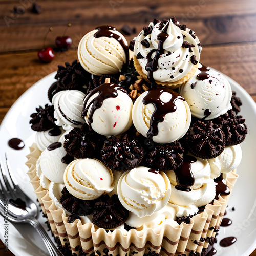 Ice cream cone is topped with a scoop of vanilla and strawberry ice cream, swirled with chocolate sauce and red velvet sauce and sprinkled with crushed OREO and chopped hazelnuts photo