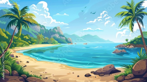 Cartoon modern landscape with calm sea or ocean water, sand beach, stones and palm trees with coconuts, rocky mountains and blue skies.