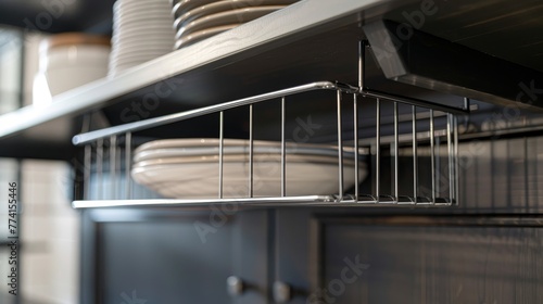 Close-up of an inspired wire shelf rack hanging inside a cabinet, showcasing innovative storage solutions and shelf ideas