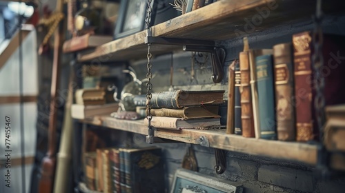 Capturing the essence of nostalgia with a close-up on a vintage hanging shelf rack, artfully displaying books and unique finds