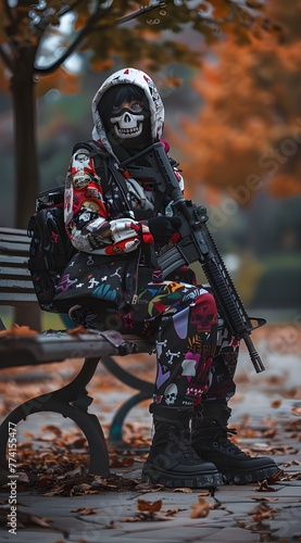 Photo of a white-faced person, wearing Japanese streetwear clothing and colorful traditional weapons, holding a futuristic rifle in his hand, sitting on a park bench.
