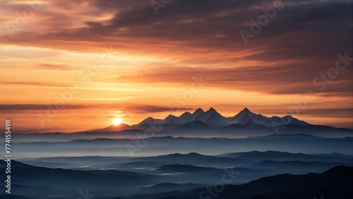 Sunset over the mountains, scenic landscape dramatic red sky, beautiful nature background