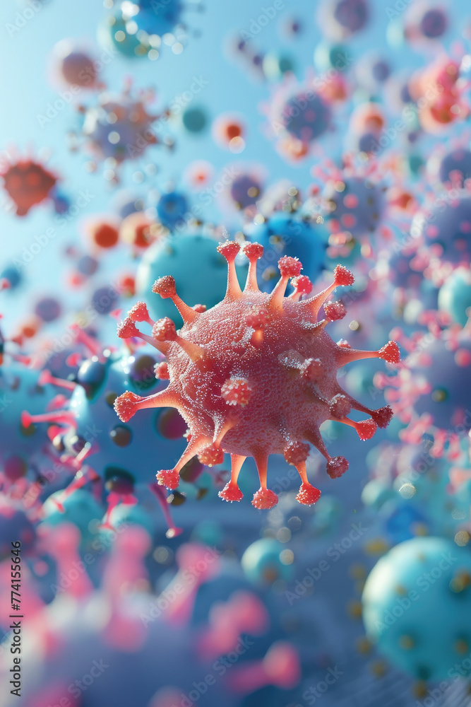 Visualization 3D model of the silent battle between the human immune system and an invading virus - obrazy, fototapety, plakaty 
