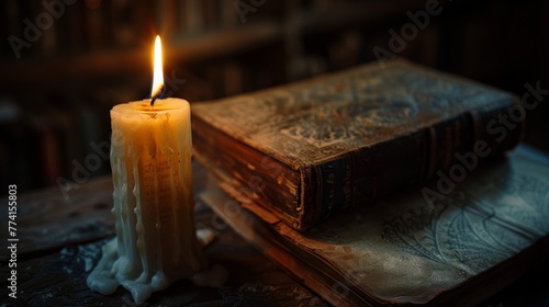 A gothic candle flickers in a dark room, casting shadows over a witch's ancient tomes. Eerie ambiance, perfect for a haunting tale photo