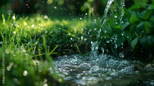 A garden's tranquility disrupted by a pipe problem, water leaking onto lush grass, captured in vivid detail to emphasize urgency