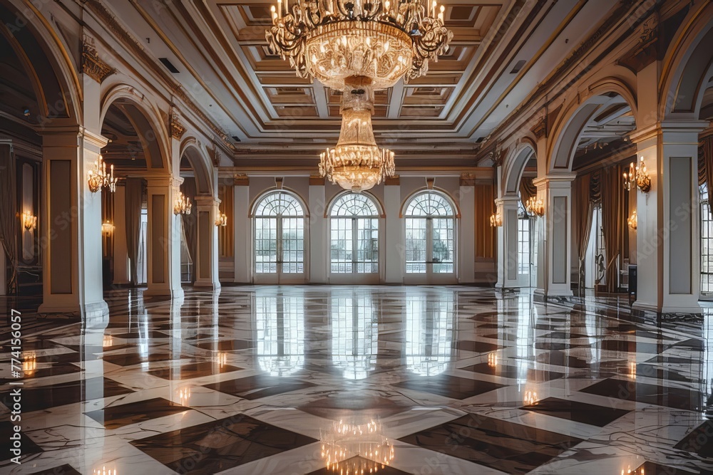 Grand Ballroom With A Stunning Chandelier 