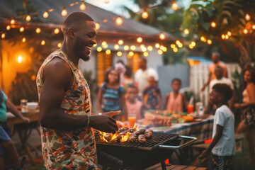 Family and friends gather, laughing at a Juneteenth barbecue celebration