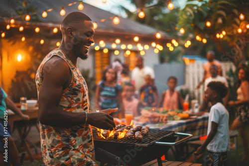 Family and friends gather, laughing at a Juneteenth barbecue celebration photo