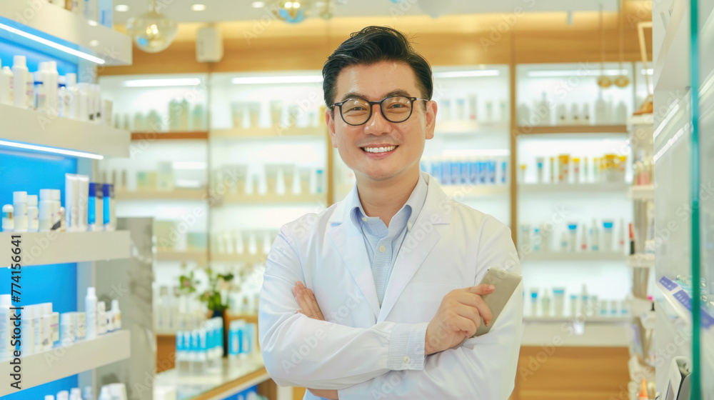 Confident male pharmacist holding a digital tablet stands in a well-organized, modern pharmacy with shelves of products