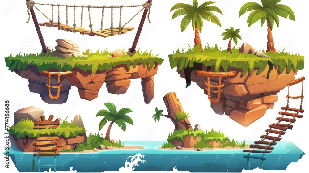 Game level map UI design asset kit - floating ground platform with green grass and stones, suspension old bridge with rope and palm trees. Cartoon footbridge and island for jump and walk.