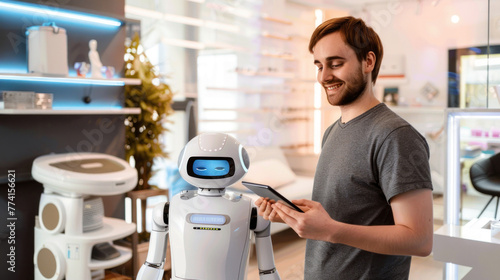 Young man engaging with a friendly robotic assistant while holding a smartphone in a modern appliance shop