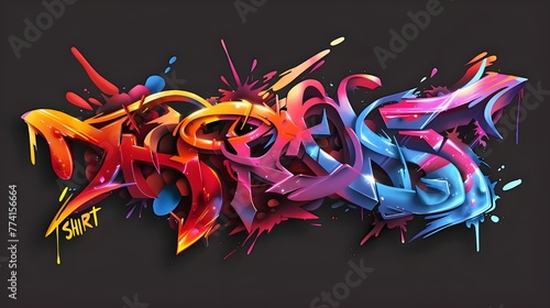 Word "TSHIRT" 3D graffiti style, graffiti font, Blue, Red, Gold & Purple color, black background.
