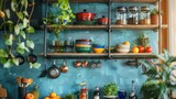 Artistic kitchen shelf ideas brought to life in a close-up, featuring hanging shelves filled with vibrant cookware and plants