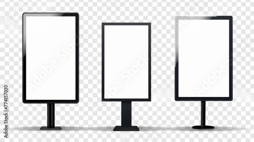 Modern realistic illustration of rectangular wall lightboards, blank white screen in black metal or plastic frame, outdoor advertising mockups. photo