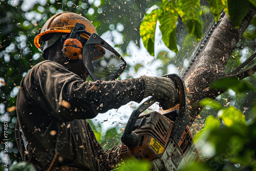 An arborist cutting a tree with a chainsaw photo
