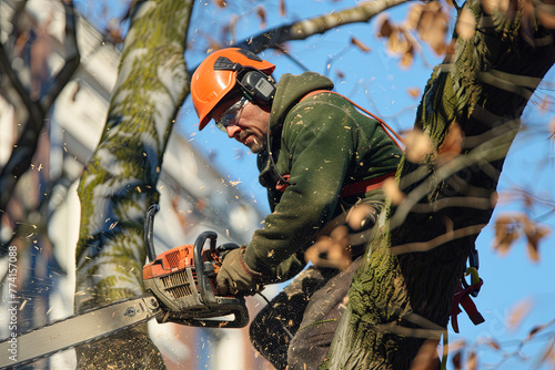 An arborist cutting a tree with a chainsaw photo