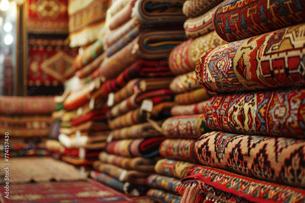 Stacked Persian rugs in a variety of patterns