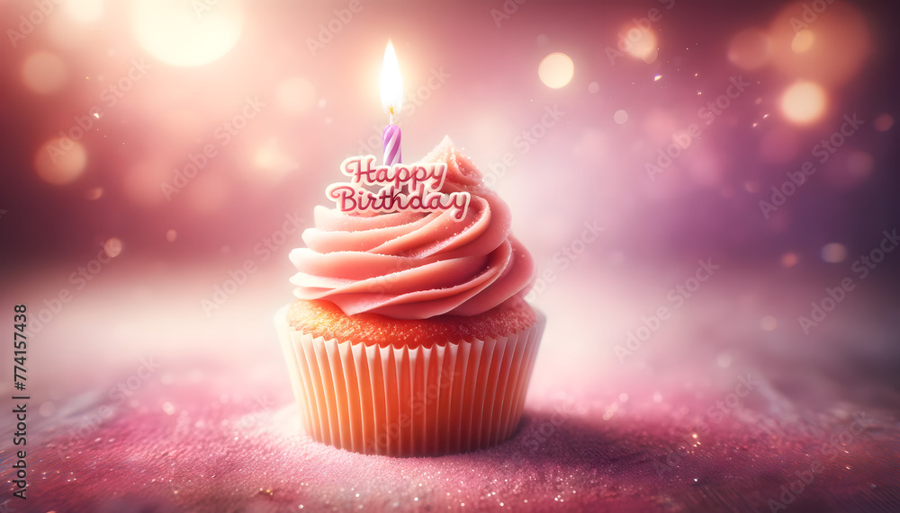 A delightful birthday image with a single cupcake placed centrally. The cupcake has rich, creamy pink frosting and is set in a clear cupcake A delightful birthday image with a single cupcake placed centrally. The cupcake has rich, creamy pink frosting and is set in a clear cupcake