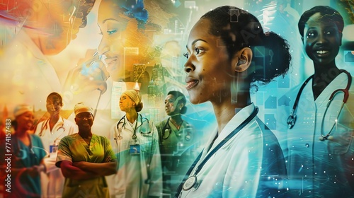 A composite image showing healthcare workers in various settings from hospitals to community centers all united by their commitment to care and help. photo