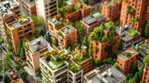 Sustainable City Model with Green Roofs,Electric Vehicles,and Bicycles Showcasing Urban Environmentalism and Low-Carbon Living
