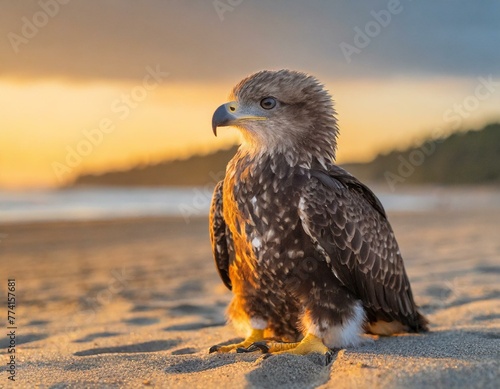 águia bonito do bebê sentado na praia de areia ao pôr do sol photo