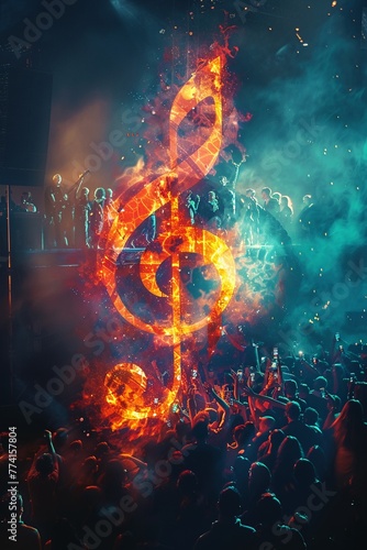 Music note shape, live concert crowd scene within, double exposure, energetic atmosphere, black and vibrant lights