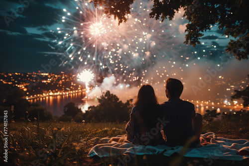 A young couple sitting up on a hill and watching fireworks go off from a boat in the city.