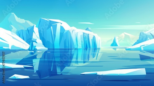 A cartoon illustration of an Arctic landscape with an iceberg floating in the ocean. A cold northern horizon, with a glacier and snow mountains. A modern illustration of glaciers and snow mountains