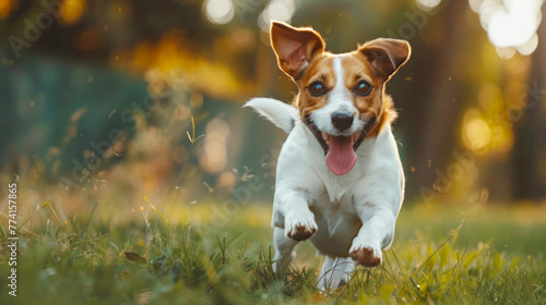 dog runs on green grass lawn 