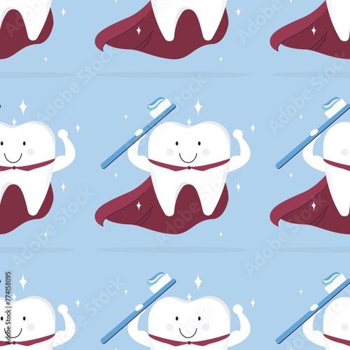 Superhero tooth flying with toothpaste and toothbrush, seamless pattern. Strong healthy teeth in red cloak, texture template. Cute, smiling and happy tooth super hero.