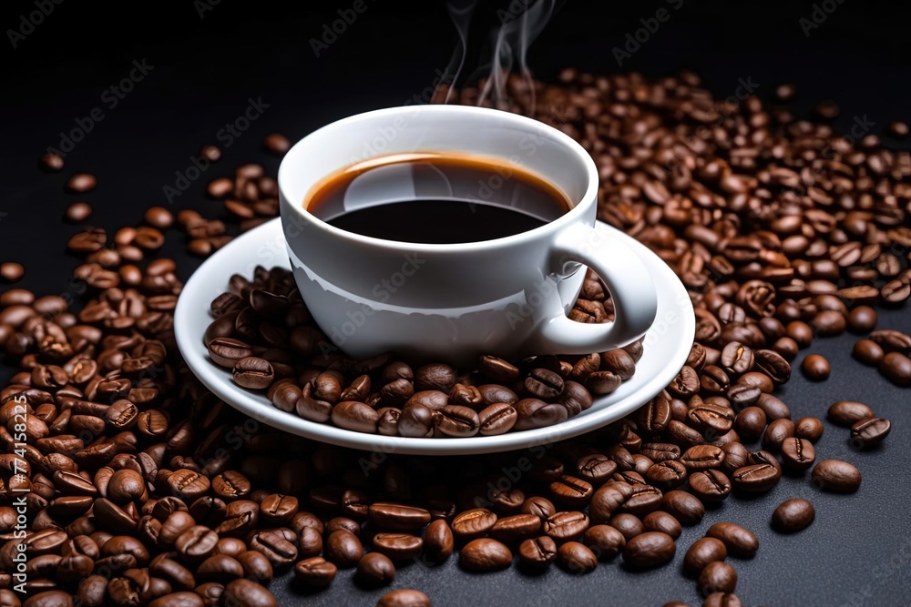 Stunning Coffee Cup on a Saucer on top of a Pile of Beans Stunning Coffee Cup on a Saucer on top of a Pile of Beans