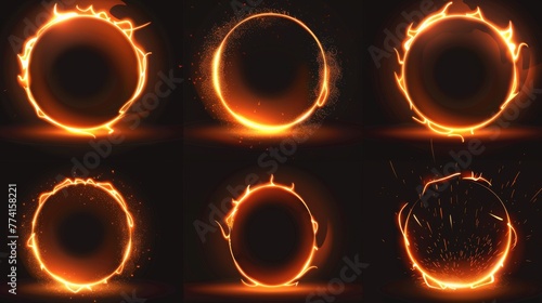The orange glowing ring is a fire circle portal with flames and sparkles loading progress steps. Illustration set of different process stages of orange bright neon glowing ring appearance. photo
