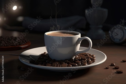 Morning coffee served in a cup on a saucer